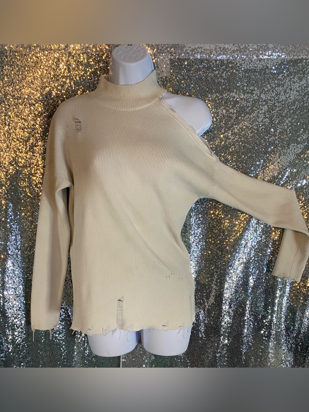 GUESS Distressed Ribbed Cutout Mock Neck Sweater Ivory Medium Y2K Grunge